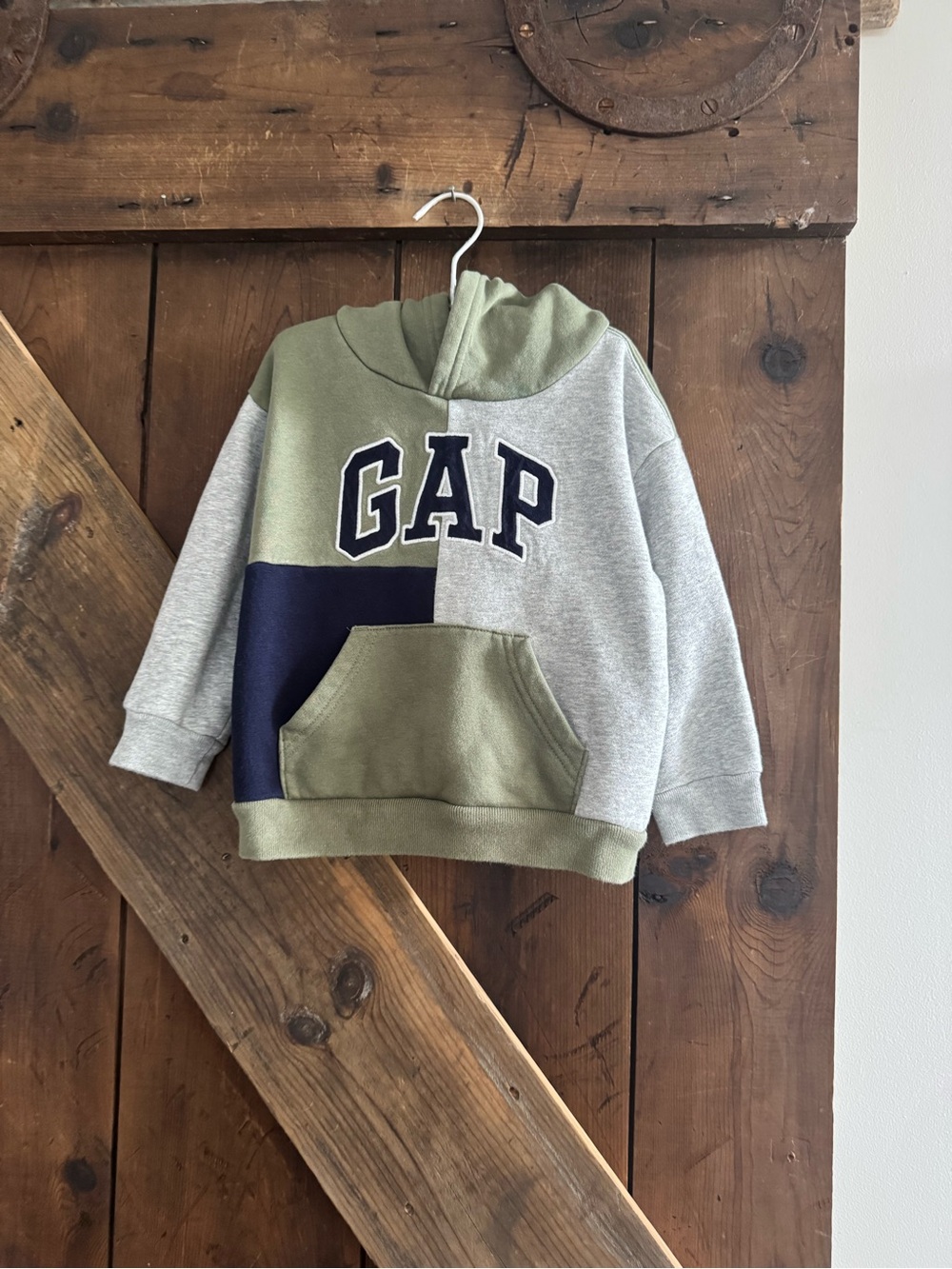 4/$12 GAP Olive Green, Heather Gray & Navy Colorblock Kids Hoodie